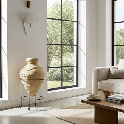 Modern living room with a large vase on a stand, a sofa, and a coffee table. Dedalus Pot 