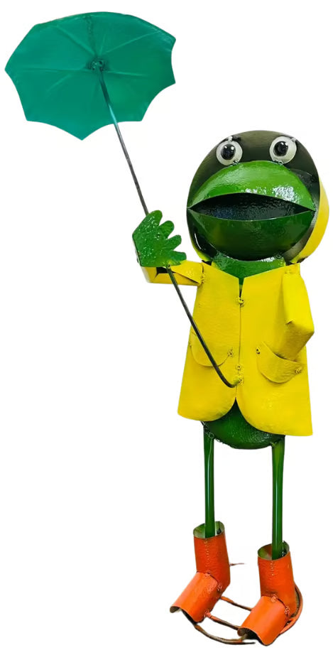 metal frog with raincoat made in Mexico from recycled metal