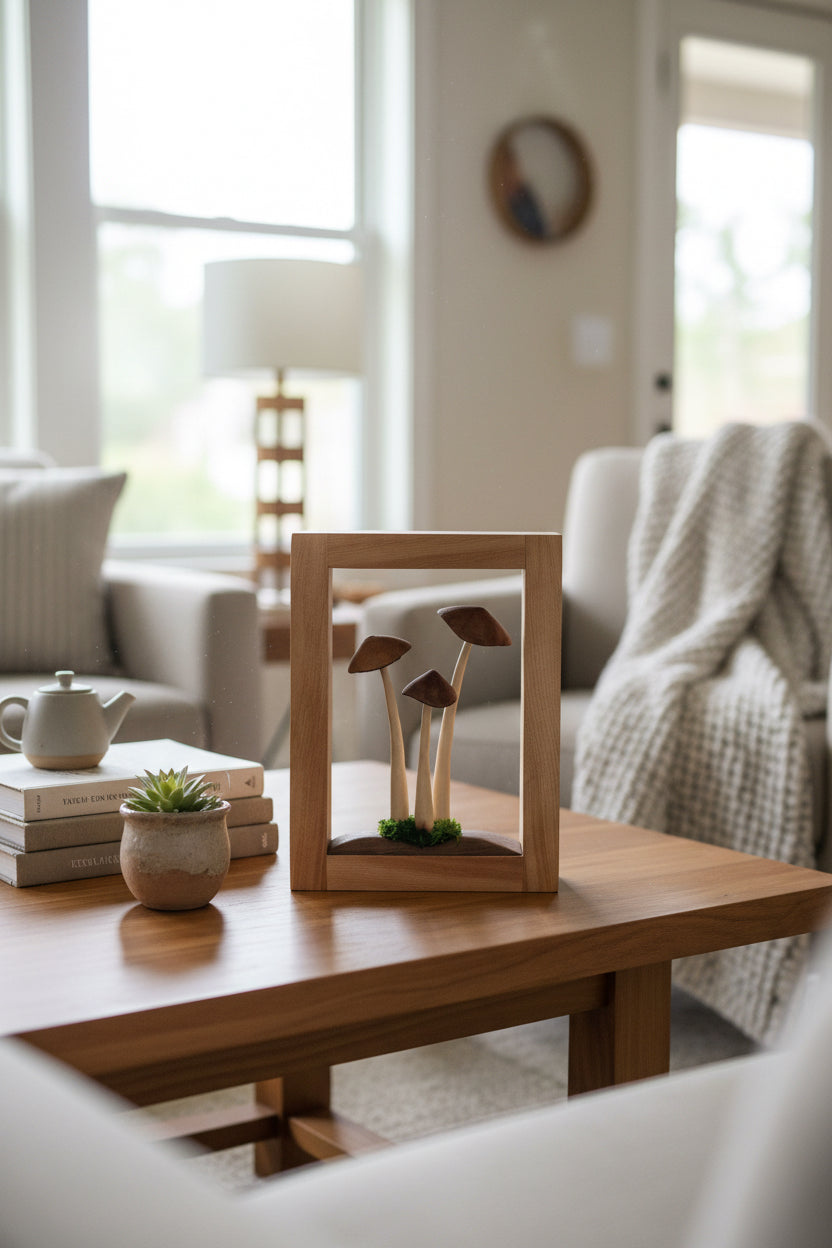 Wooden triple mushroom frame by artist Adam Mack