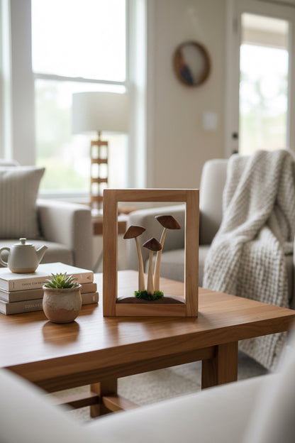 Wooden triple mushroom frame by artist Adam Mack