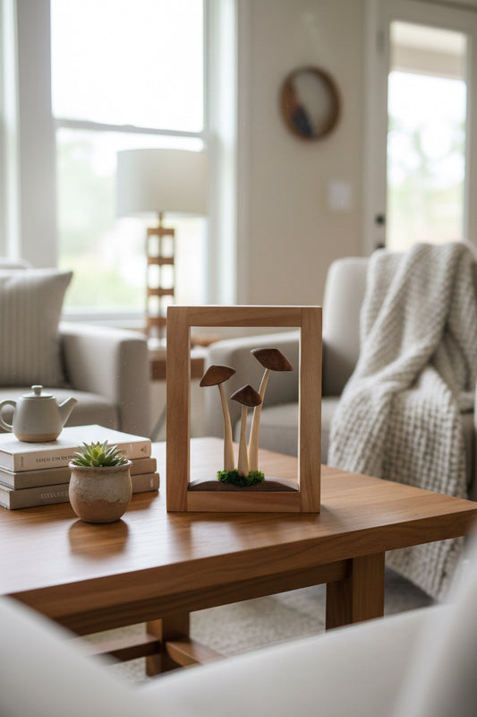 Wooden triple mushroom frame by artist Adam Mack