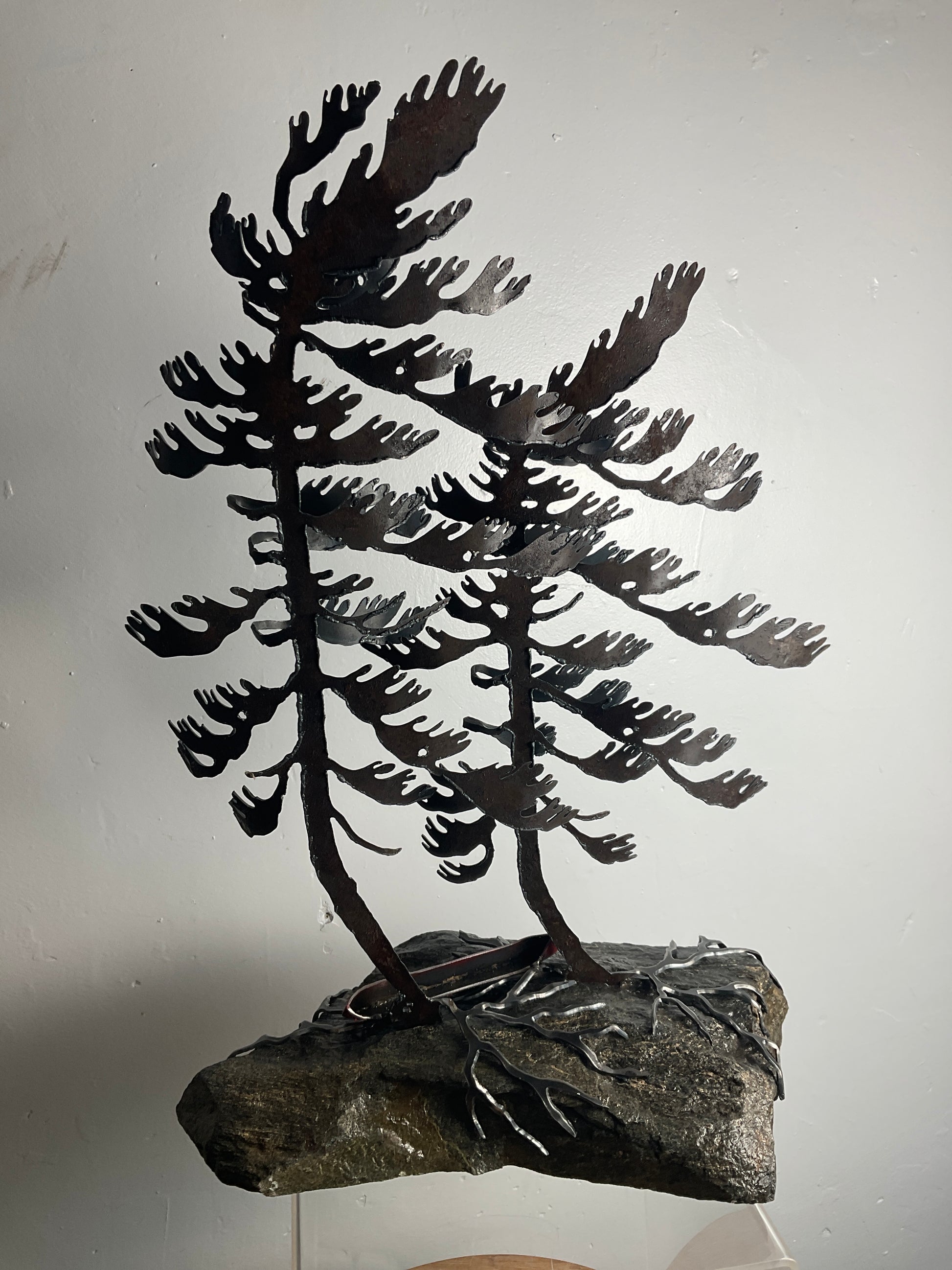Cathy Mark windswept pines with canoe on granite