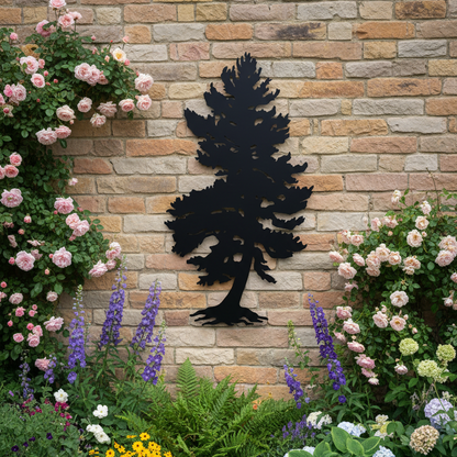 Metal pine tree silhouette mounted on a house wall with a beautiful garden