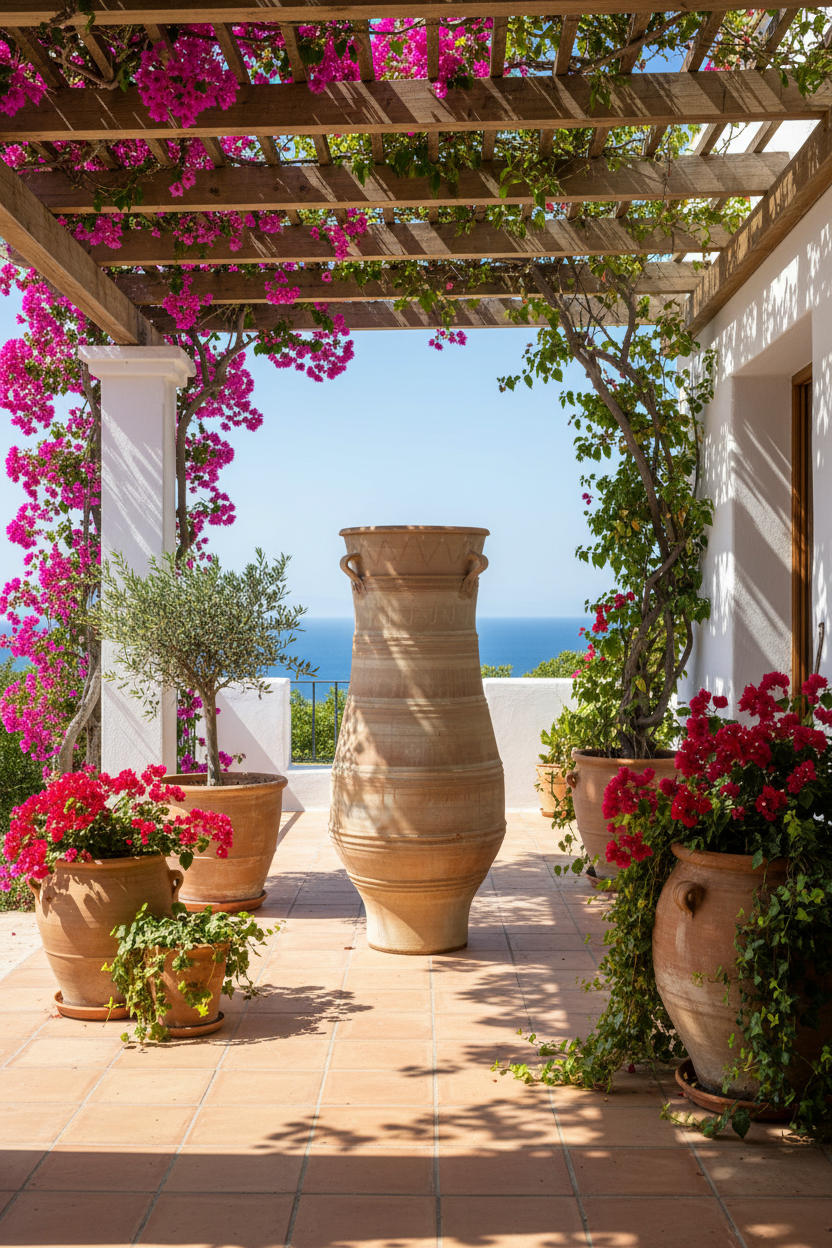 Ampogiatzopitharo Cretan terracotta pot on a covered Mediterranean pergola deck surrounded by bougainvillea and lush plants