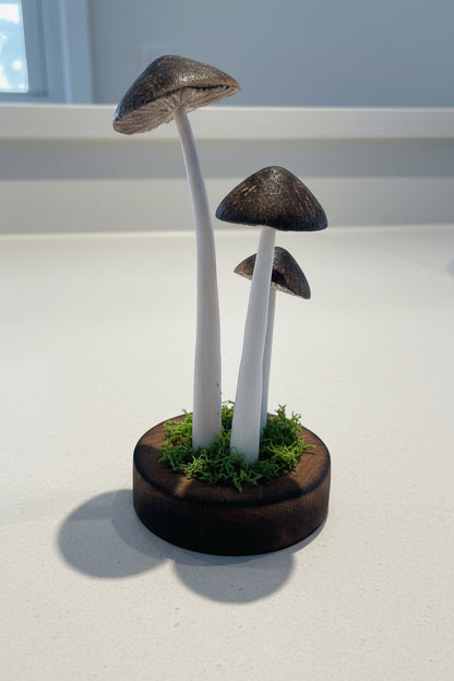 Hand carved wood triple mushroom by artist Adam Mack
