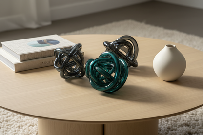 All three glass knot sculptures in teal, slate and dark charcoal on a coffee table
