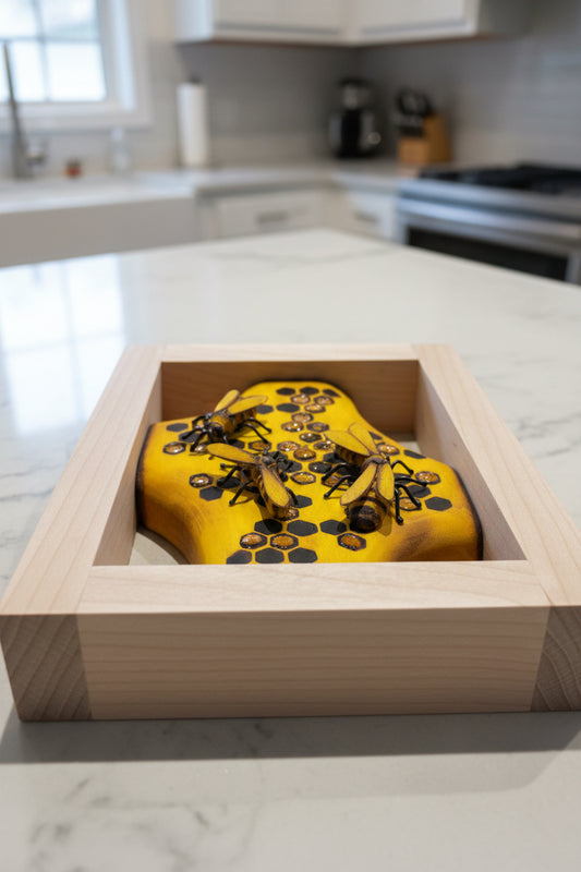 Wooden bee frame by artist Adam Mack