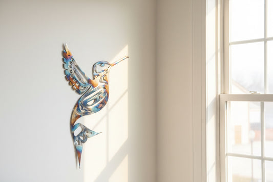 Metal hummingbird with Indigenous design
