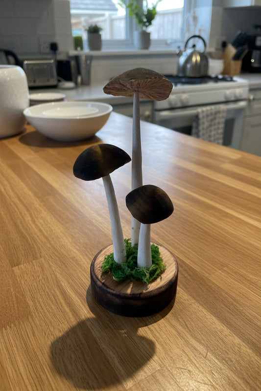 Hand carved wood triple mushroom by artist Adam Mack