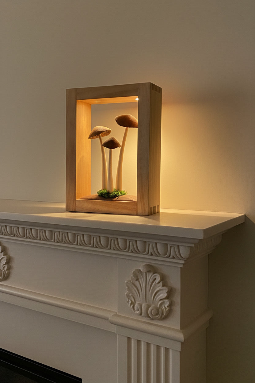 Wooden triple mushroom frame by artist Adam Mack