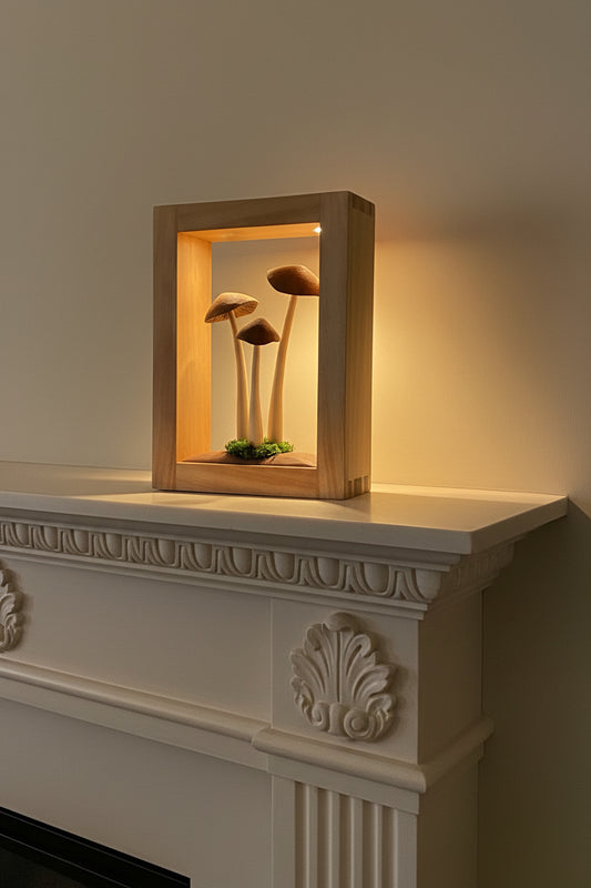 Wooden triple mushroom frame by artist Adam Mack