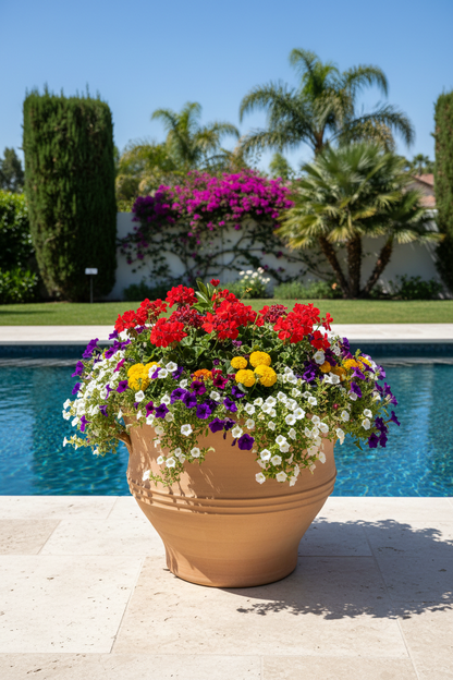Kalives Cretan Planter terracotta pot with seasonal flowers beside a swimming pool