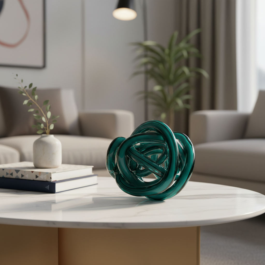 Teal glass knot sculpture on coffee table