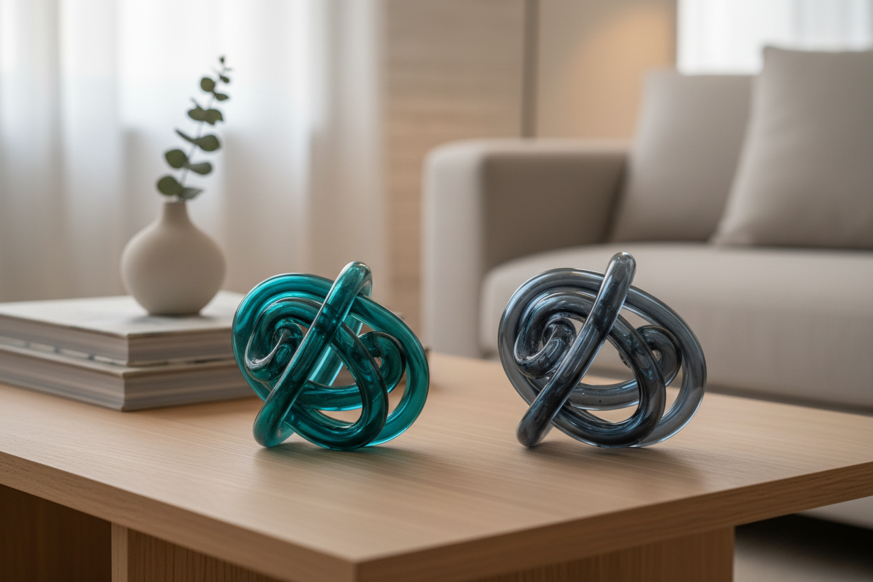 Teal and slate blue-grey glass knot sculptures together on coffee table