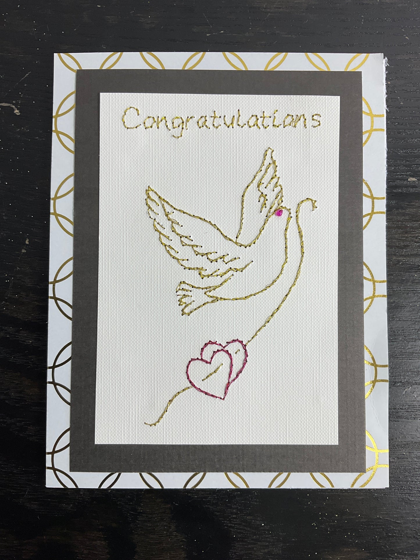 Hand Stitched - Congratulations card with a dove and 2 hearts in gold