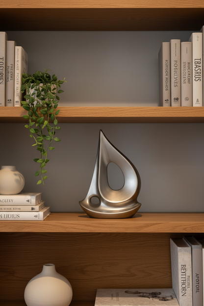 Brushed silver abstract sailboat sculpture upright on a styled bookshelf