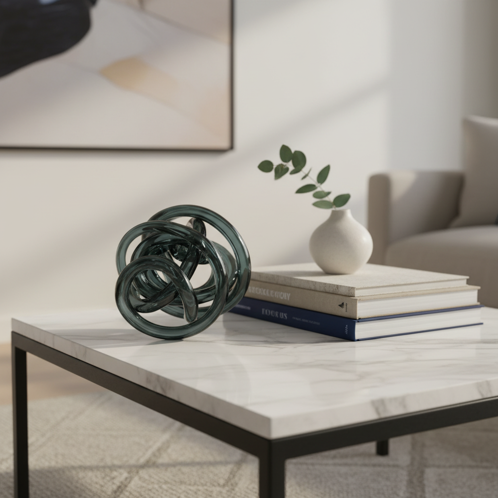 Dark charcoal glass knot sculpture on coffee table