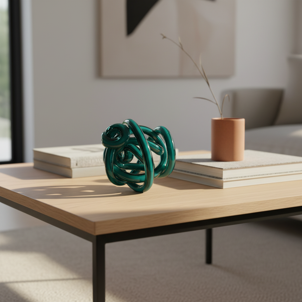 Teal glass knot sculpture on coffee table