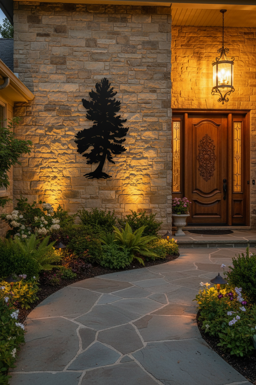 Metal pine tree silhouette mounted at a beautiful house entranceway