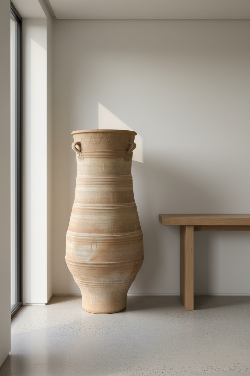 Ampogiatzopitharo Cretan terracotta pot standing 144cm tall in a modern luxury home entryway