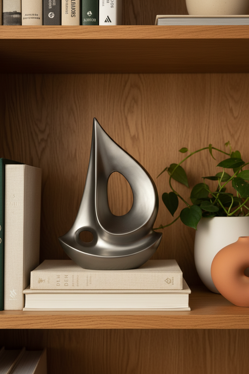 Brushed silver abstract sailboat sculpture upright on a styled bookshelf