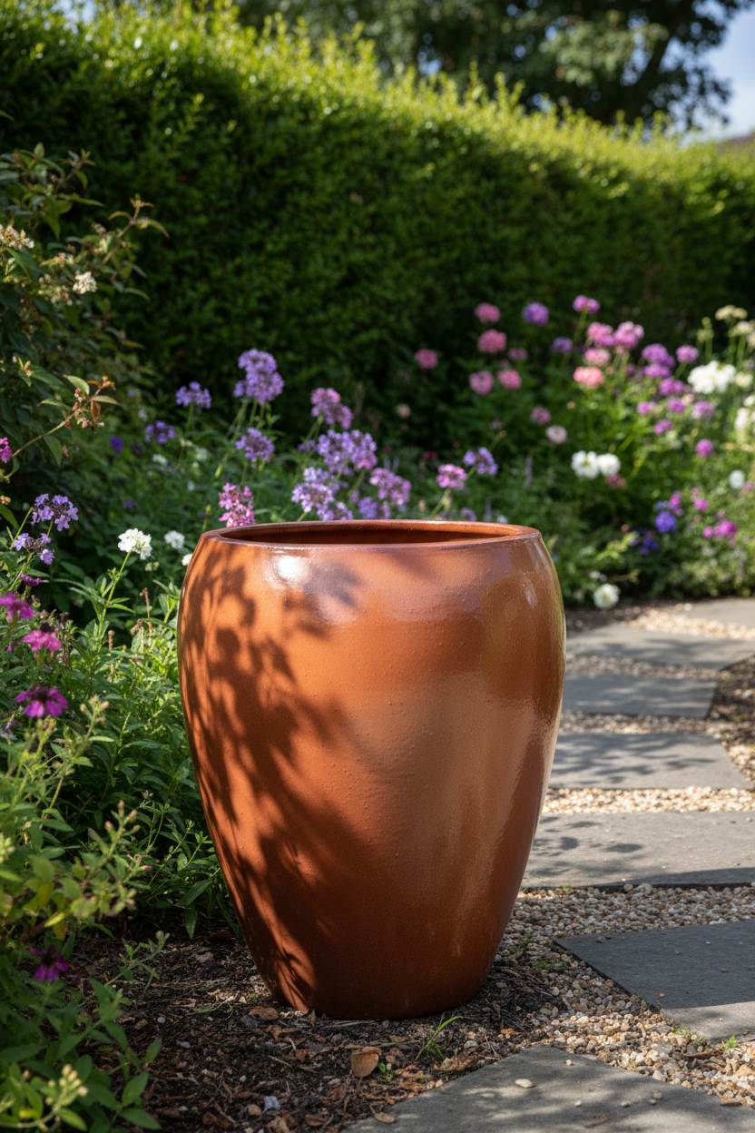 Vietnamese glazed terracotta planter in a lush garden setting