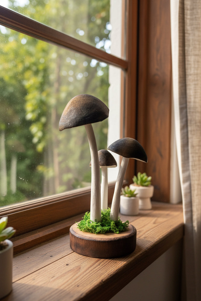 Hand carved wood triple mushroom by artist Adam Mack