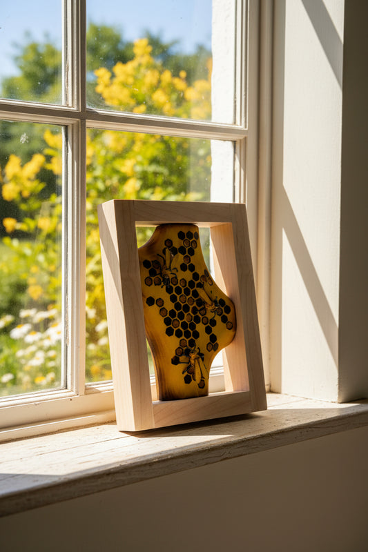Wooden bee frame by artist Adam Mack