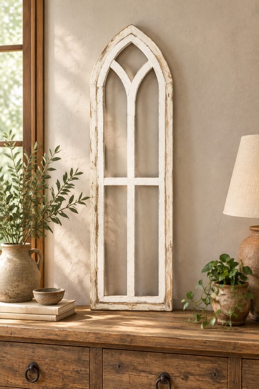 Single white Pisa decorative wooden window frame leaning on a rustic console beside pottery, greenery and a lamp.