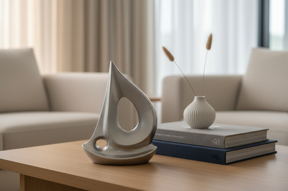 Brushed silver abstract sailboat sculpture on a modern coffee table