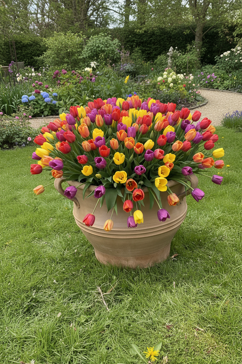 Kalives Cretan Planter terracotta pot filled with tulips in a garden setting