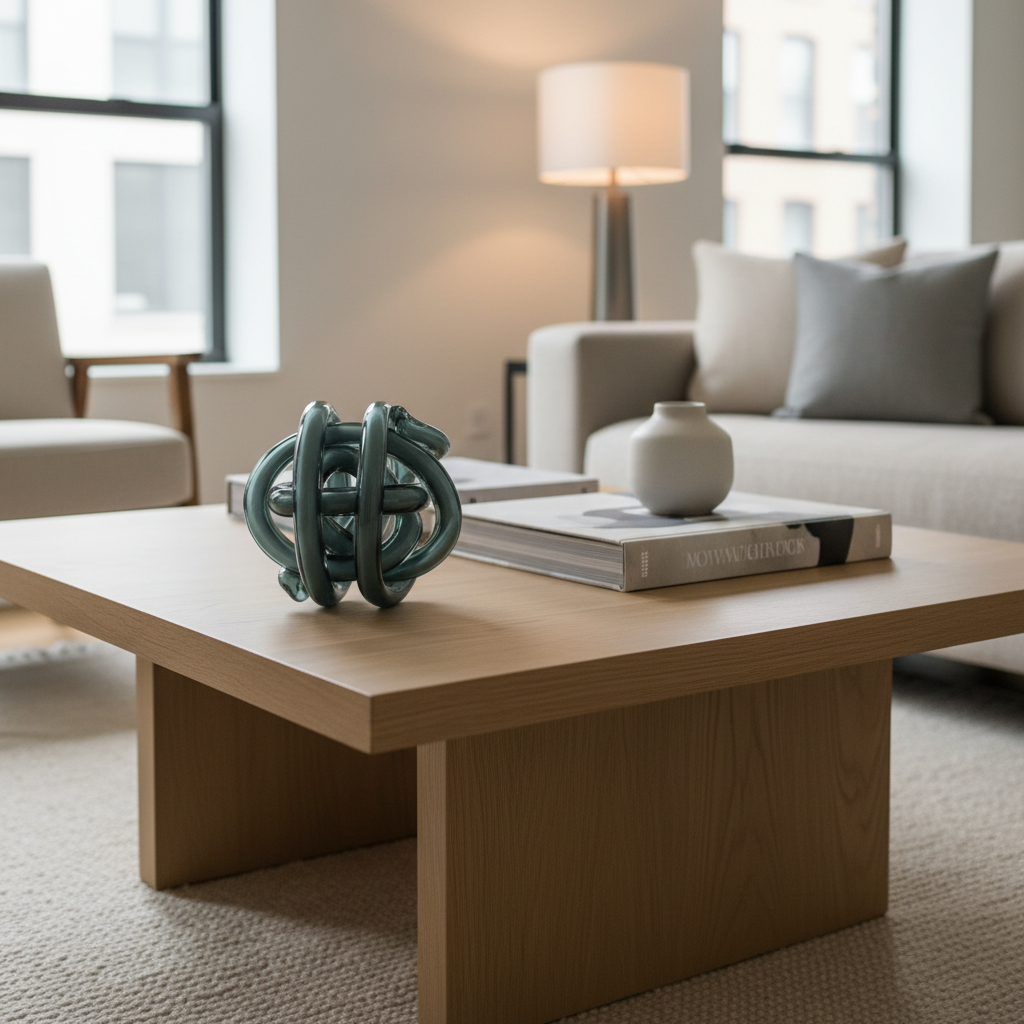Slate grey-green glass knot sculpture on coffee table