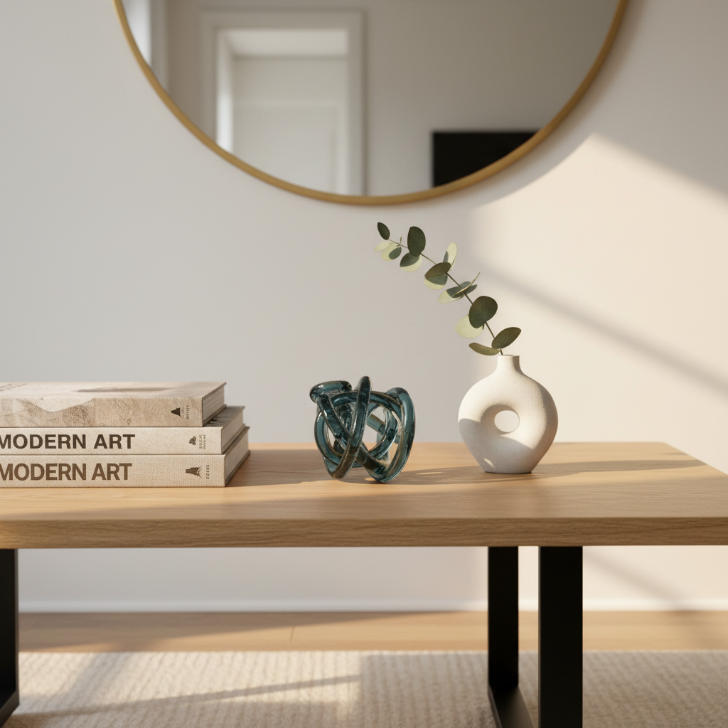 Slate blue-grey glass knot sculpture on coffee table