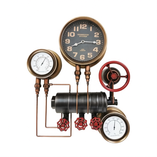Steampunk Wall Clock with Hygrometer & Thermometer – Industrial Décor