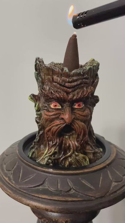 ZenN Backflow Incense Burner, Old Man In A Tree Carving, Brown, Green