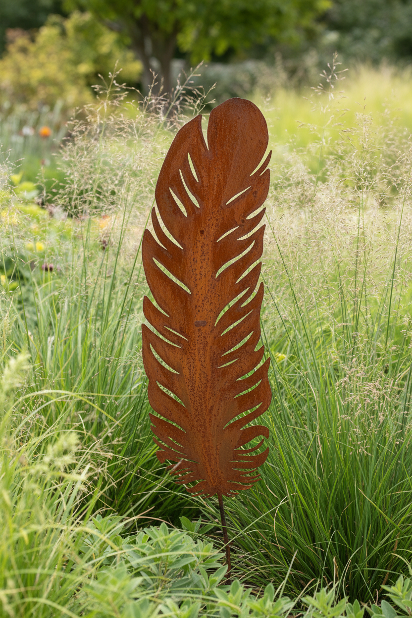 Rusted Metal Feather Garden Stake Lifestyle