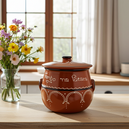Traditional Clay Frango Na Púcara Pot with Lid – Hand Painted Portuguese Terracotta (6x6x8in)