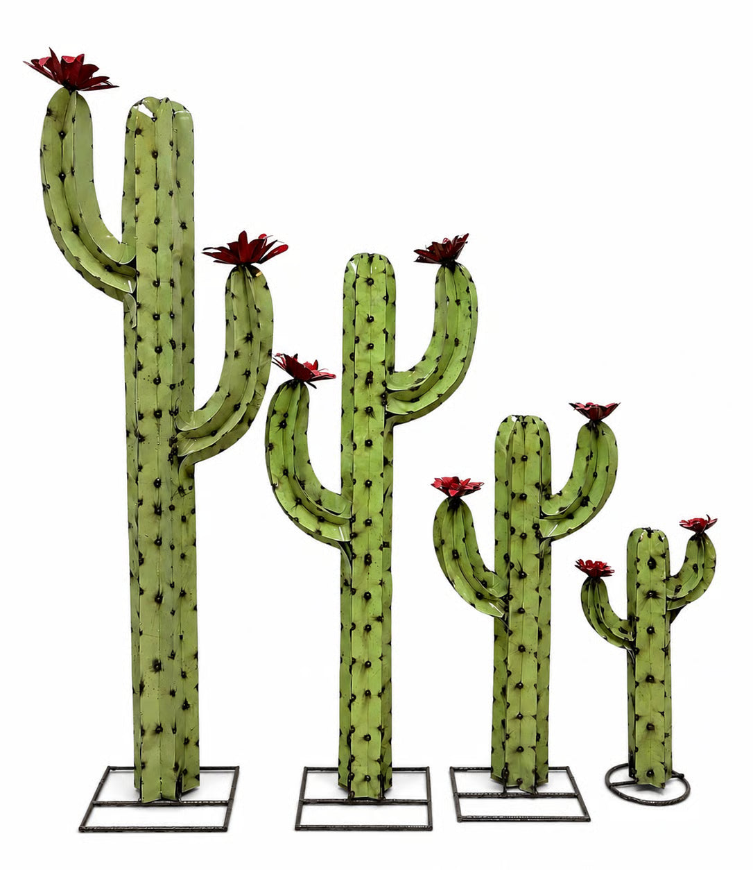 Four green cactus-shaped garden stakes with red flowers, displayed in ascending sizes against a plain white background.