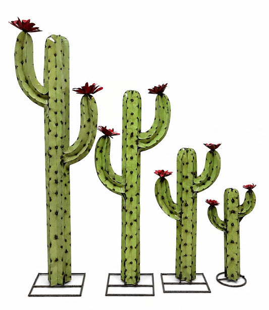 Four green cactus-shaped garden stakes with red flowers, displayed in ascending sizes against a plain white background.