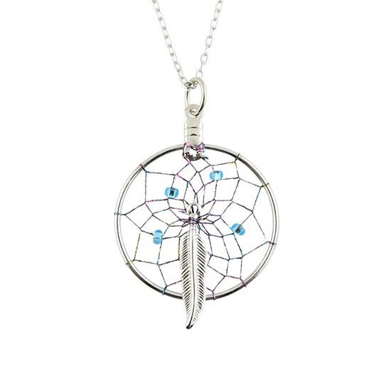 1" Metallic Dream Catcher Necklace detailed with metal feather in the centre of the web.