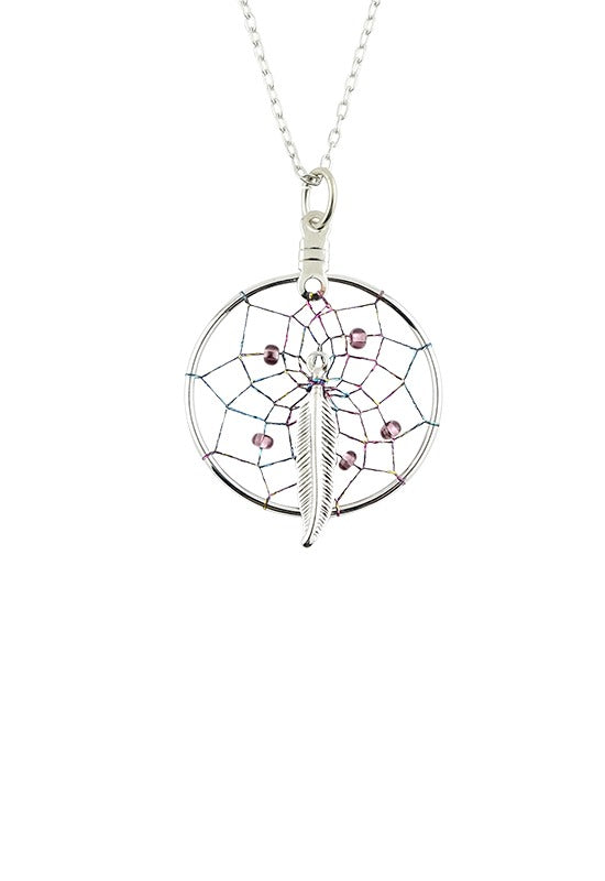 Dream Catcher with Metal Feather and Purple Glass Beads Pendant
