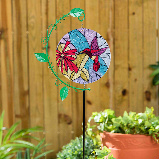 Hummingbird and Flower Stained Glass Spinner Garden Stake